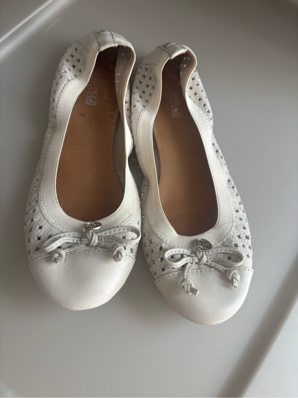 Sperry White Leather Perforated Ballet Flats with Bow Accent